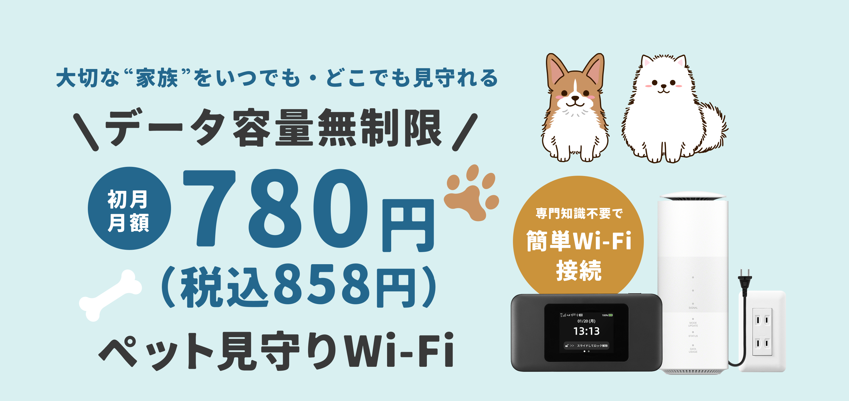 大切な家族をいつでもどこでも見守れるデータ容量無制限、ペット見守りWi-Fi